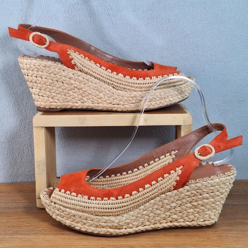 Tory Burch Espadrille Wedge Sandals Women's 9 Orange Jute Leather Platform Heels